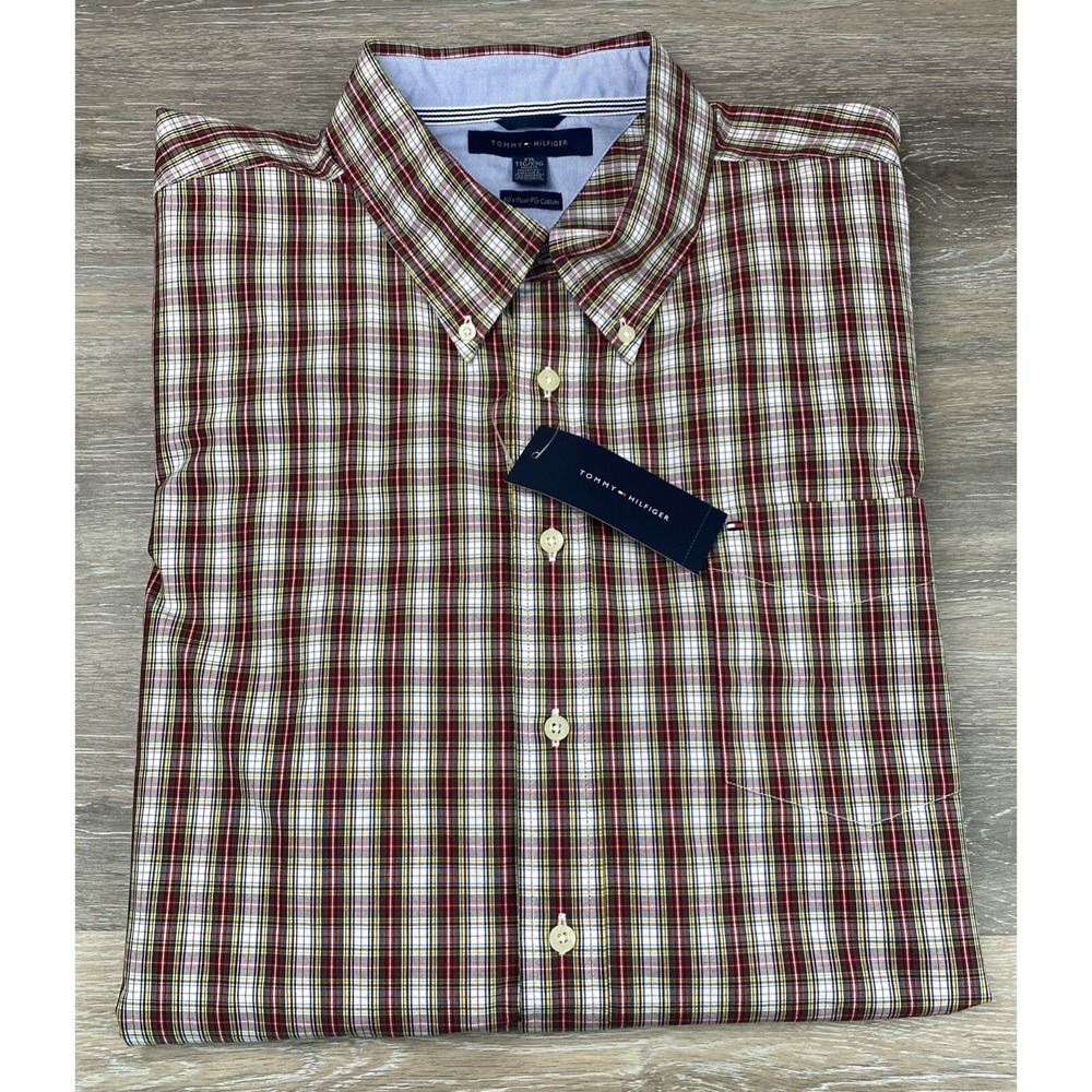 Tommy Hilfiger Mens‎ 80s Two Ply Plaid Long Sleeve Cotton Shirt Red Plaid XXL